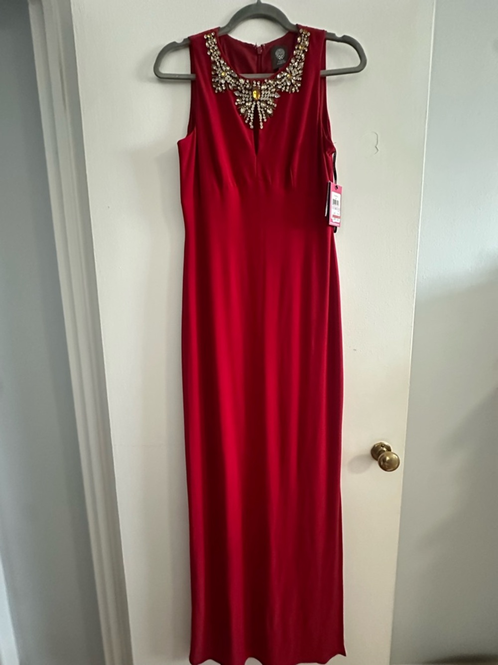 Embellished Vince Camuto Red Evening Gown - Sleeveless Formal Dress